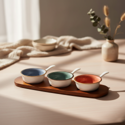 Porcelain Bowl Set & Wooden Base